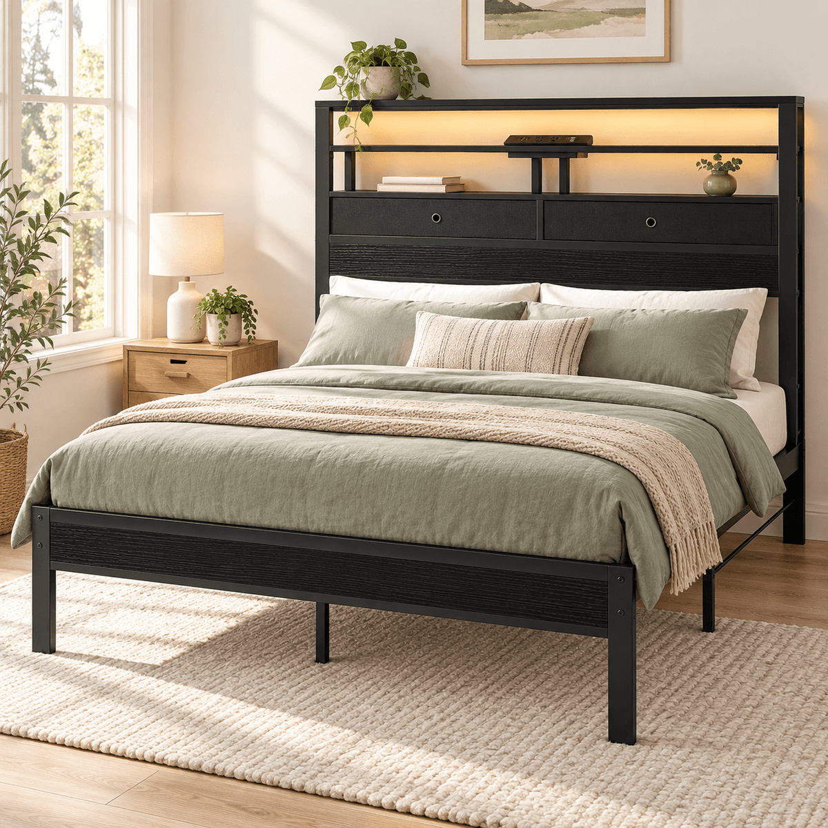 Platform Bed Frame with LED Lights, Charging Station & Storage Drawers – Twin, Full, Queen & King