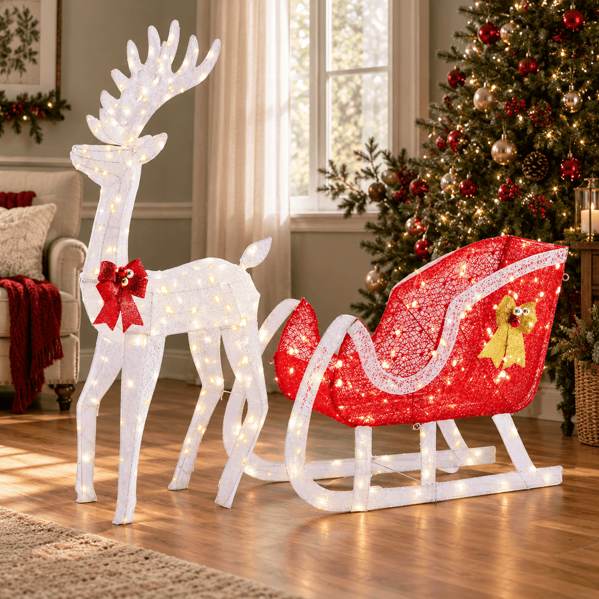 Glowing Christmas Reindeer & Sleigh Decor with 180 LED Lights – Indoor & Outdoor Holiday Display