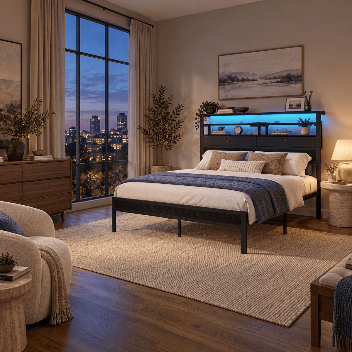 Platform Bed Frame with LED Lights, Charging Station & Storage Drawers – Twin, Full, Queen & King