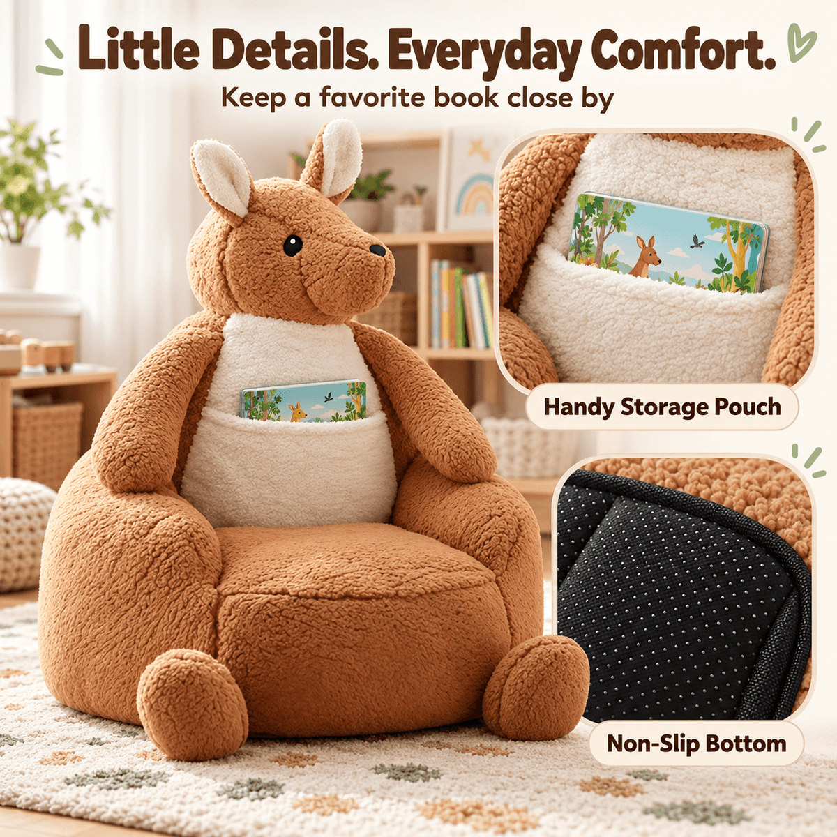 Animal Shaped Bean Bag Chair for Kids, Cute Kangaroo & Penguin Plush Mini Sofa with Washable Cover