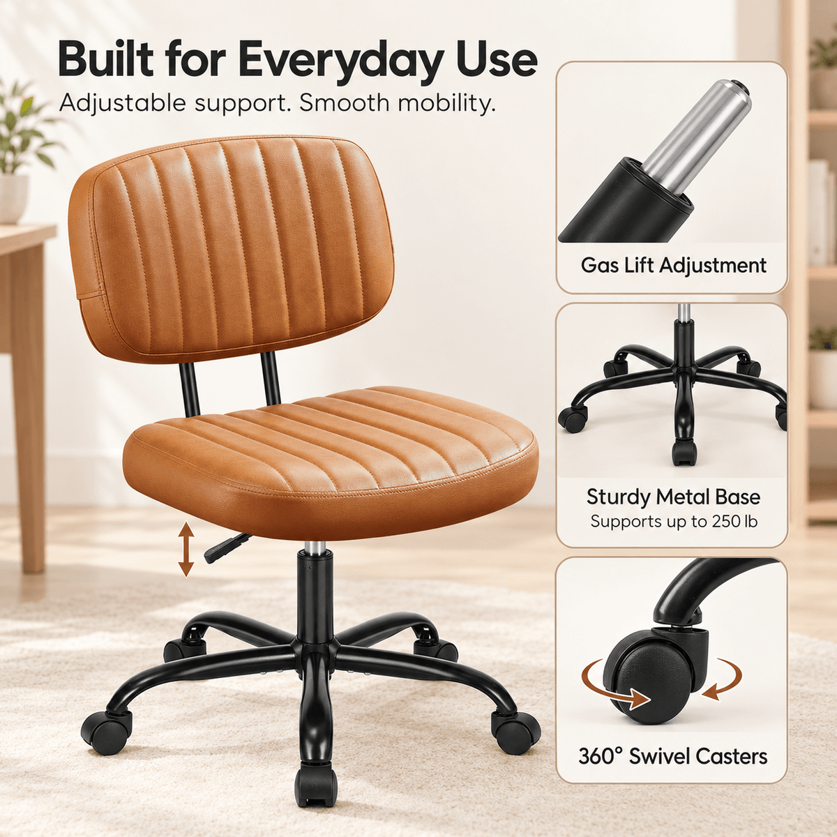 Armless PU Leather Home Office Desk Chair – Height Adjustable Rolling Chair