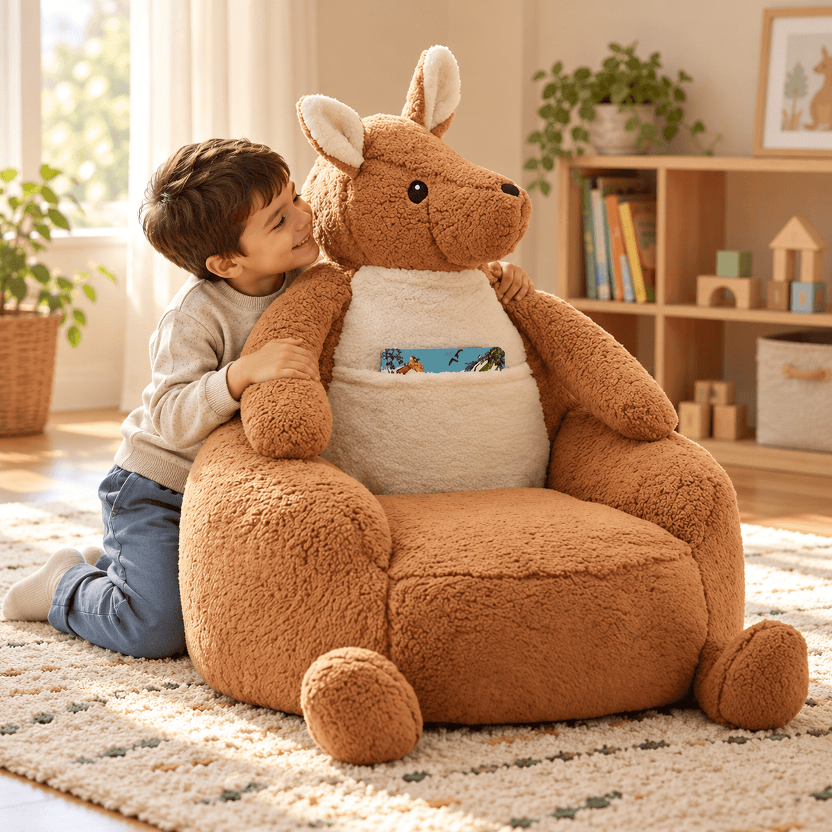 Animal Shaped Bean Bag Chair for Kids, Cute Kangaroo & Penguin Plush Mini Sofa with Washable Cover