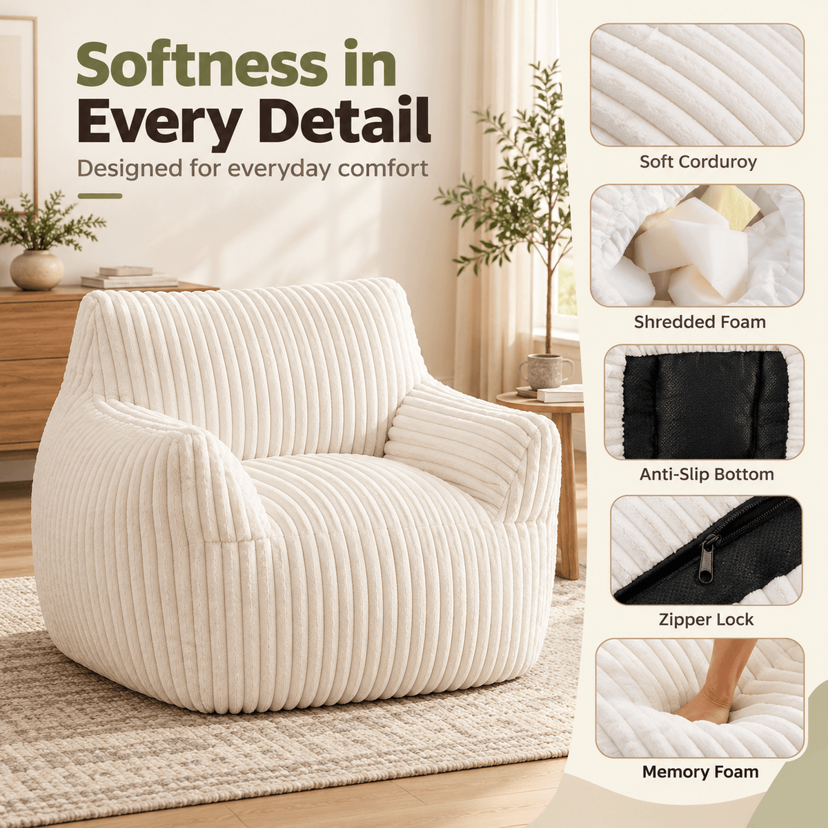 Bean Bag Sofa Chair with High-Resilience Foam Filling for Living Room