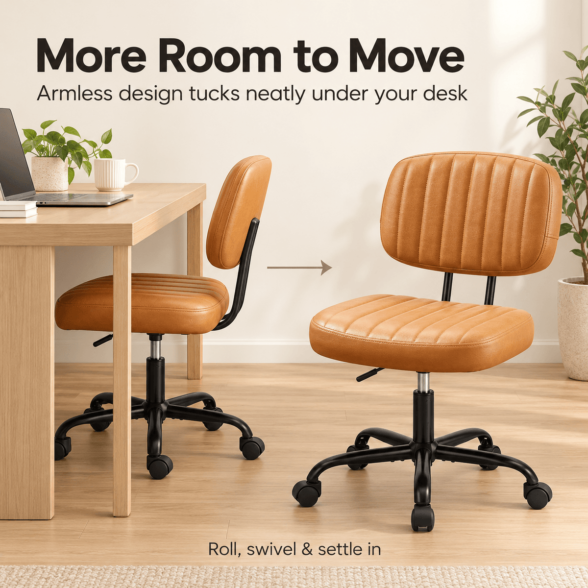 Armless PU Leather Home Office Desk Chair – Height Adjustable Rolling Chair