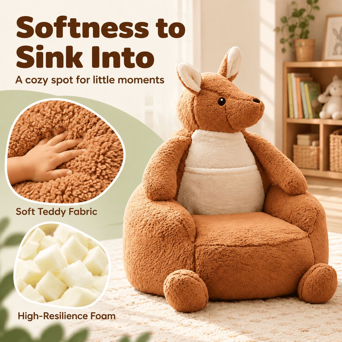 Animal Shaped Bean Bag Chair for Kids, Cute Kangaroo & Penguin Plush Mini Sofa with Washable Cover