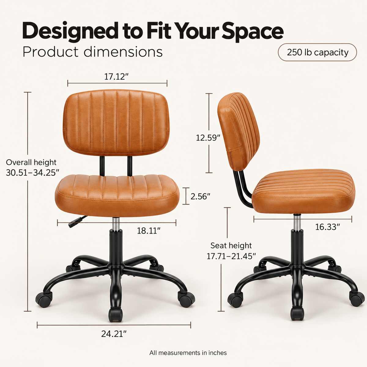 Armless PU Leather Home Office Desk Chair – Height Adjustable Rolling Chair