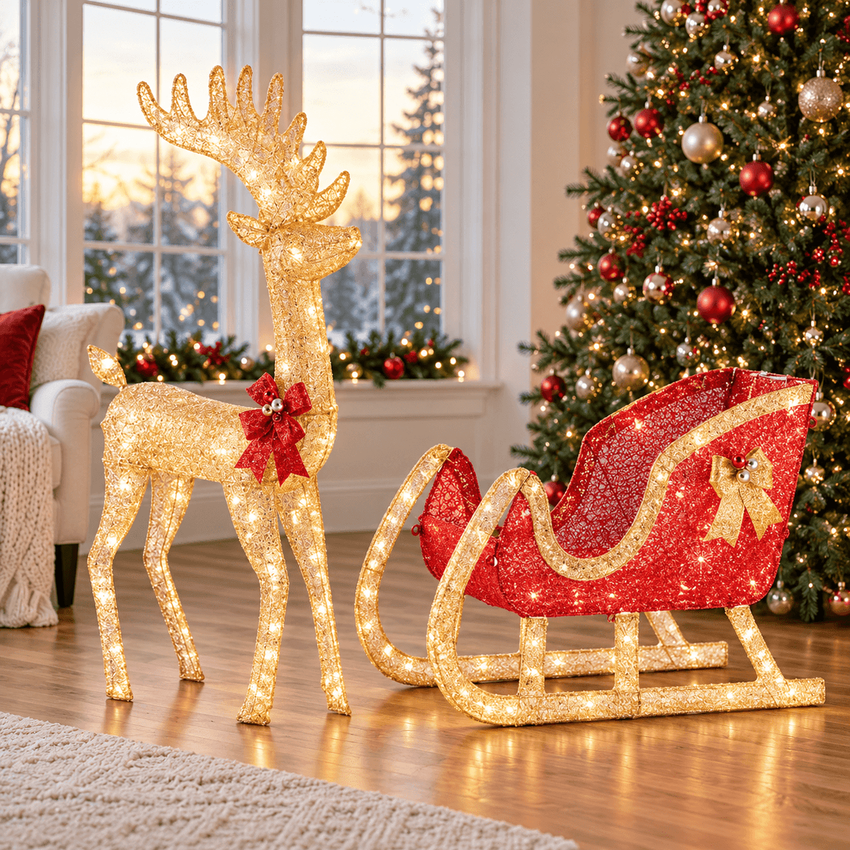 Glowing Christmas Reindeer & Sleigh Decor with 180 LED Lights – Indoor & Outdoor Holiday Display