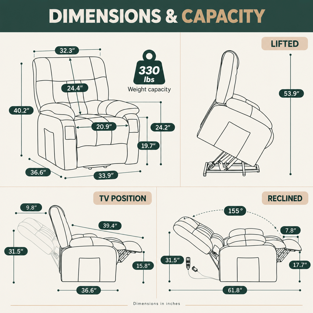 Power Lift Recliner Chair with Massage & Heat, Remote Control