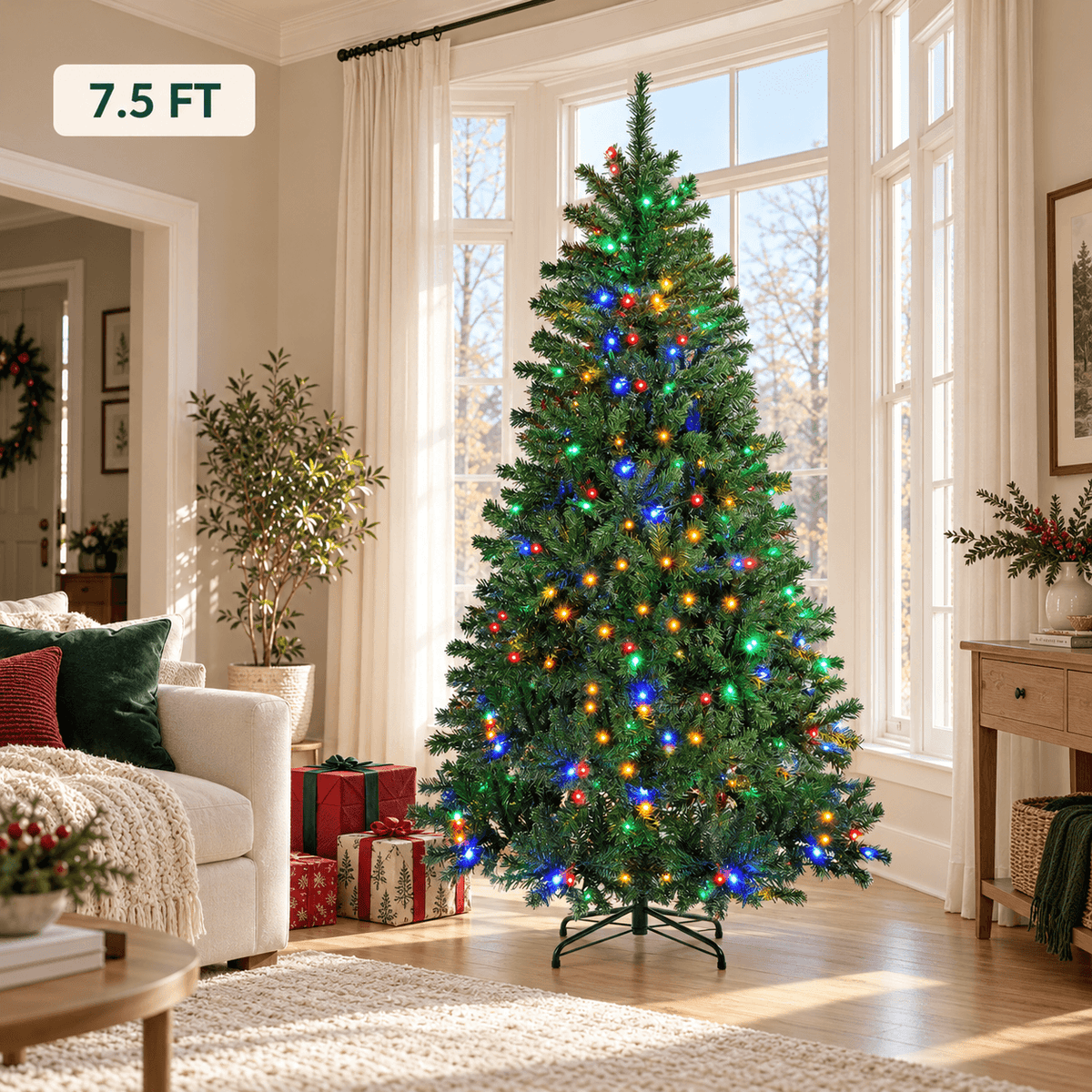Pre-Lit Artificial Christmas Tree with Color-Changing LED Lights, Green