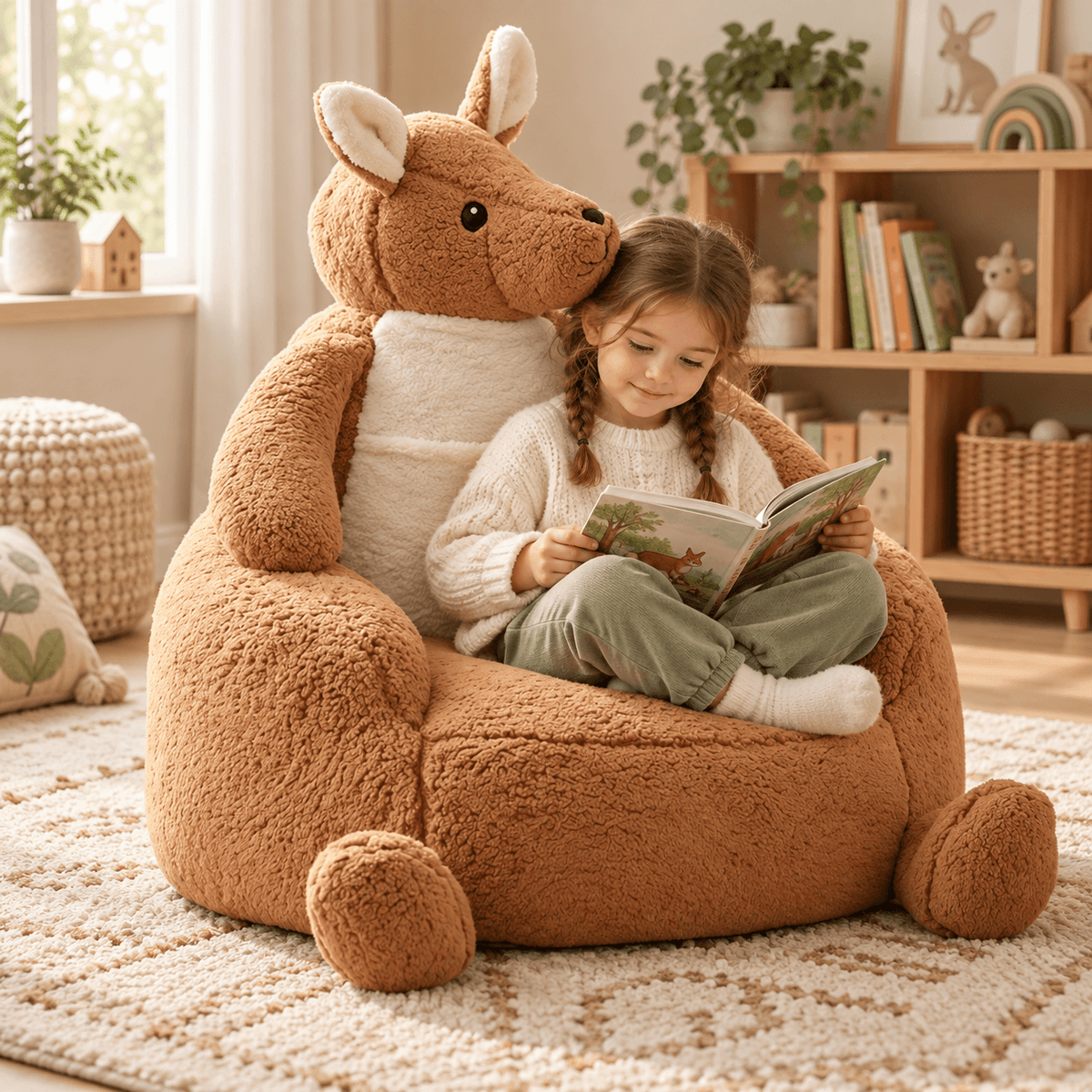 Animal Shaped Bean Bag Chair for Kids, Cute Kangaroo & Penguin Plush Mini Sofa with Washable Cover