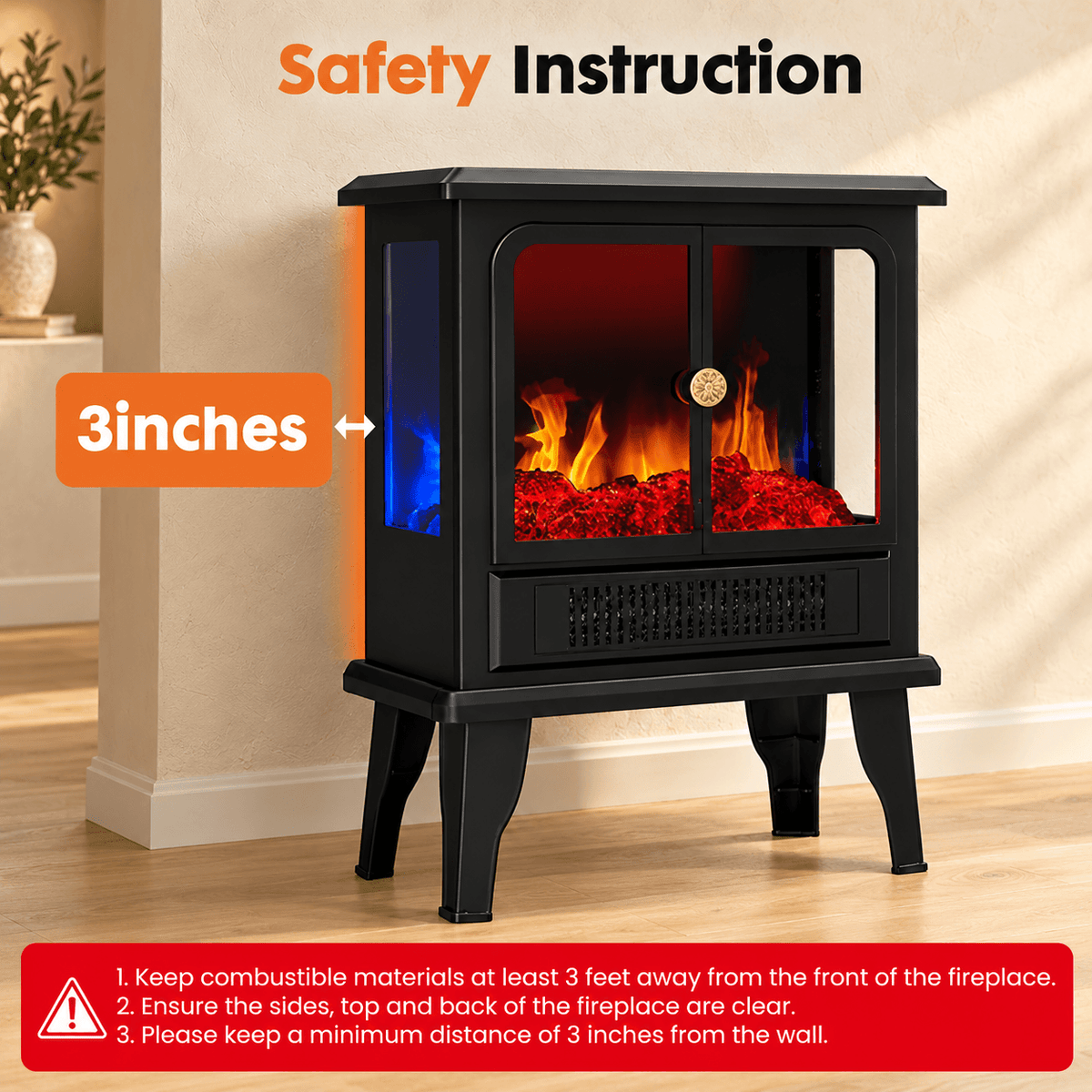 Electric Fireplace Heater with 3 Flame Effects & 2 Heating Modes