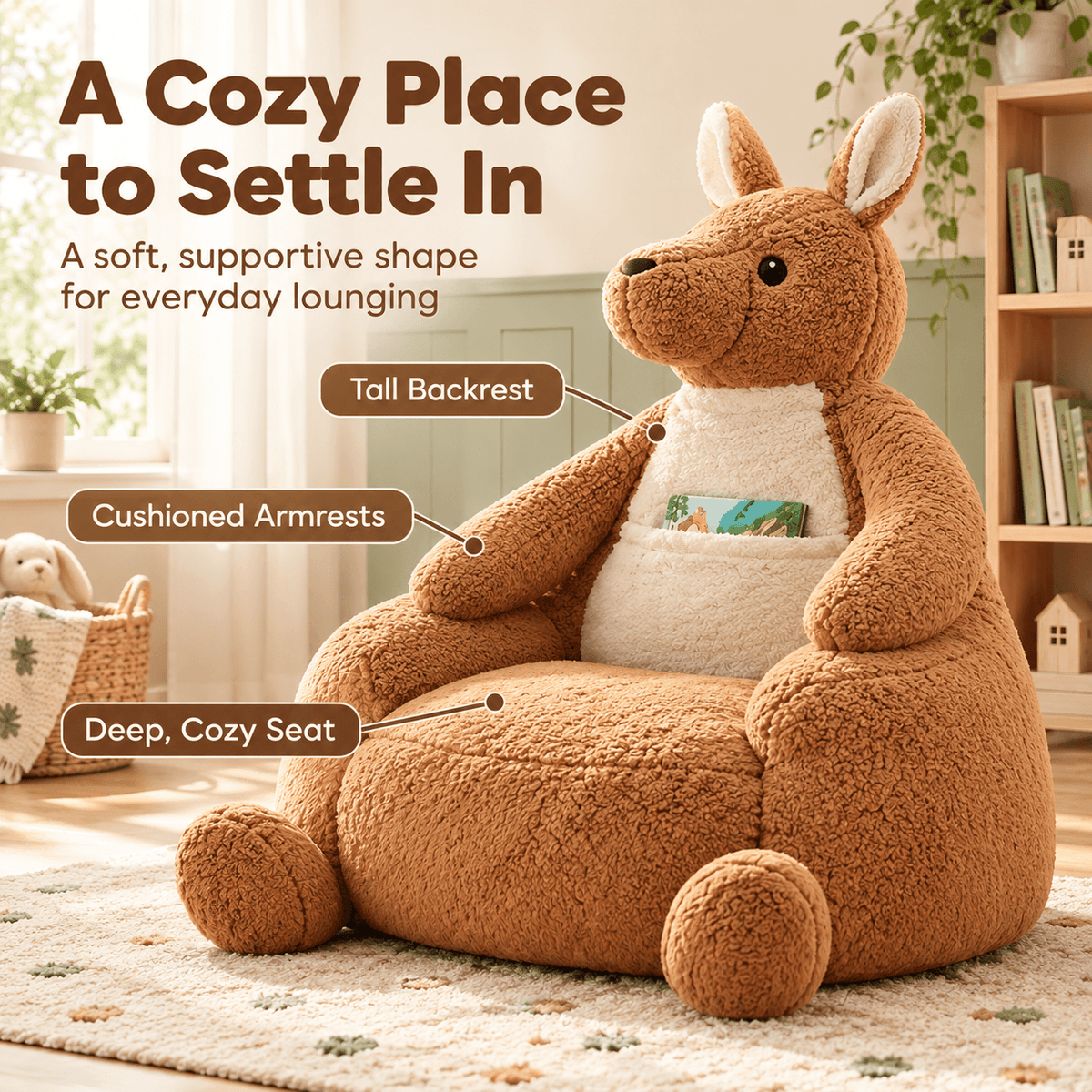 Animal Shaped Bean Bag Chair for Kids, Cute Kangaroo & Penguin Plush Mini Sofa with Washable Cover