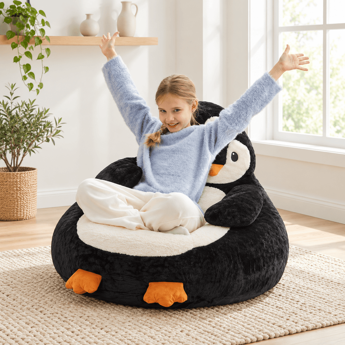 Animal Shaped Bean Bag Chair for Kids, Cute Kangaroo & Penguin Plush Mini Sofa with Washable Cover