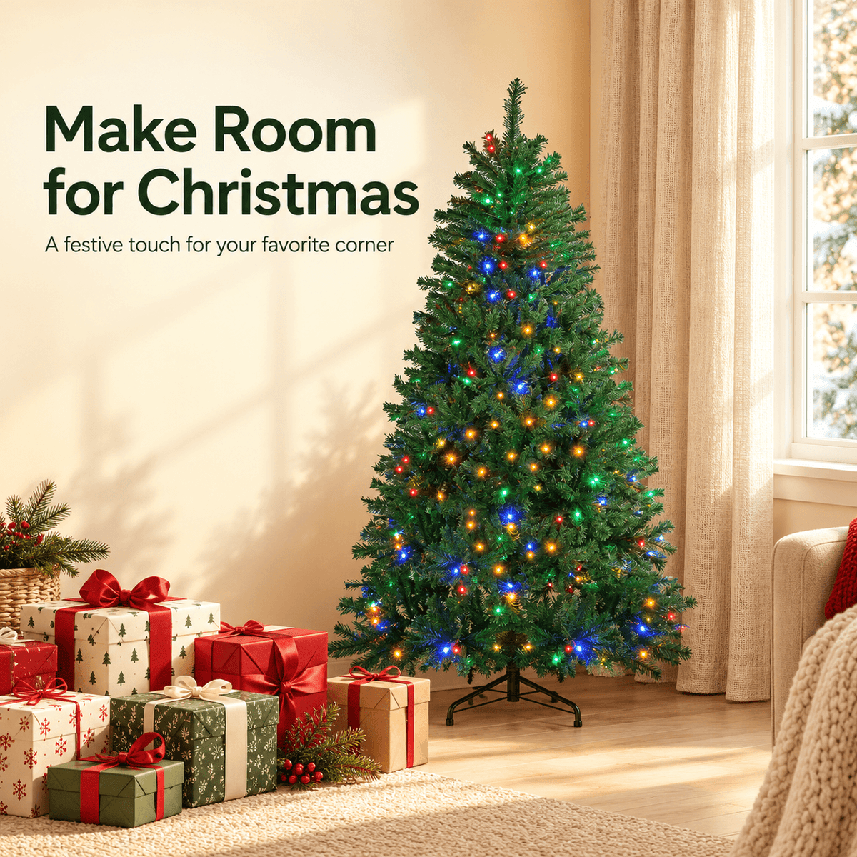 Pre-Lit Artificial Christmas Tree with Color-Changing LED Lights, Green