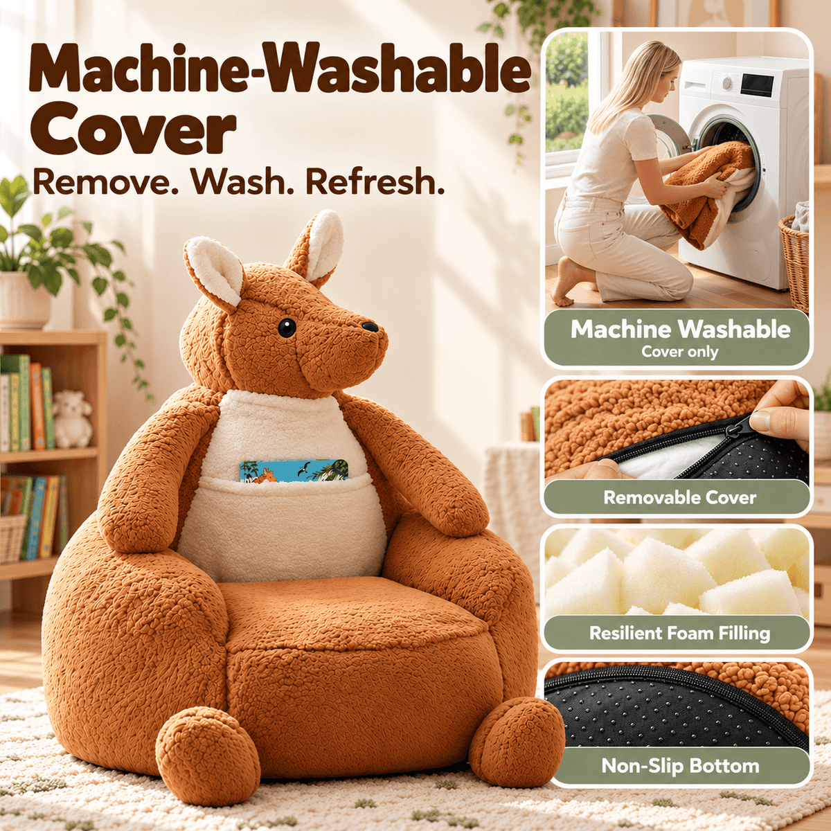 Animal Shaped Bean Bag Chair for Kids, Cute Kangaroo & Penguin Plush Mini Sofa with Washable Cover