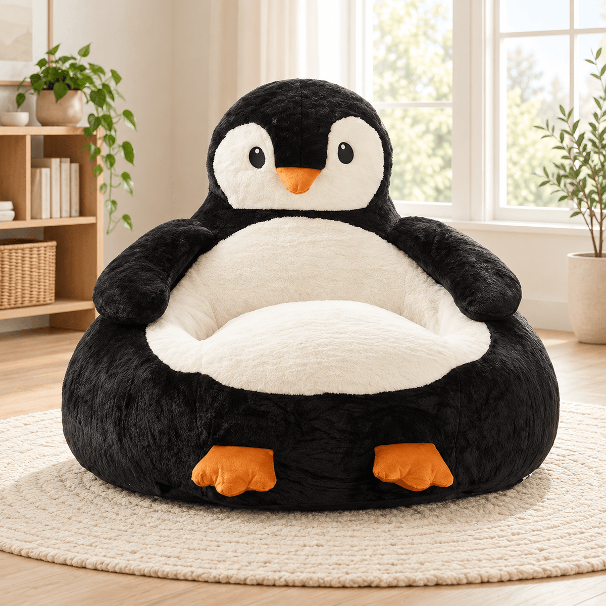 Animal Shaped Bean Bag Chair for Kids, Cute Kangaroo & Penguin Plush Mini Sofa with Washable Cover