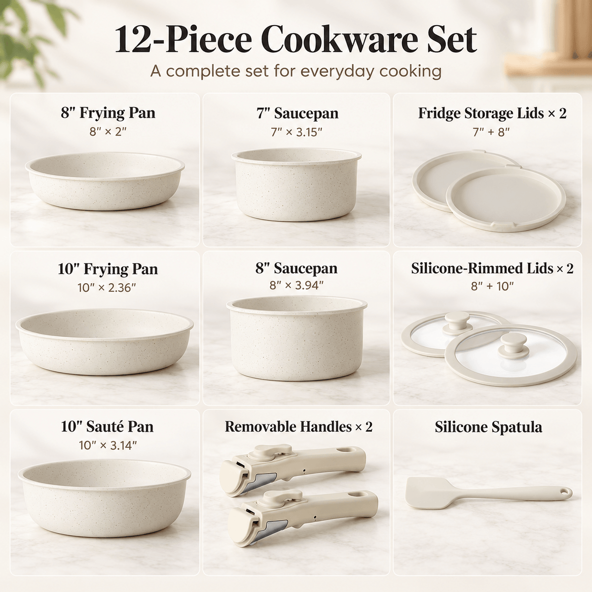 12-Piece Nonstick Cookware Set with Detachable Handles