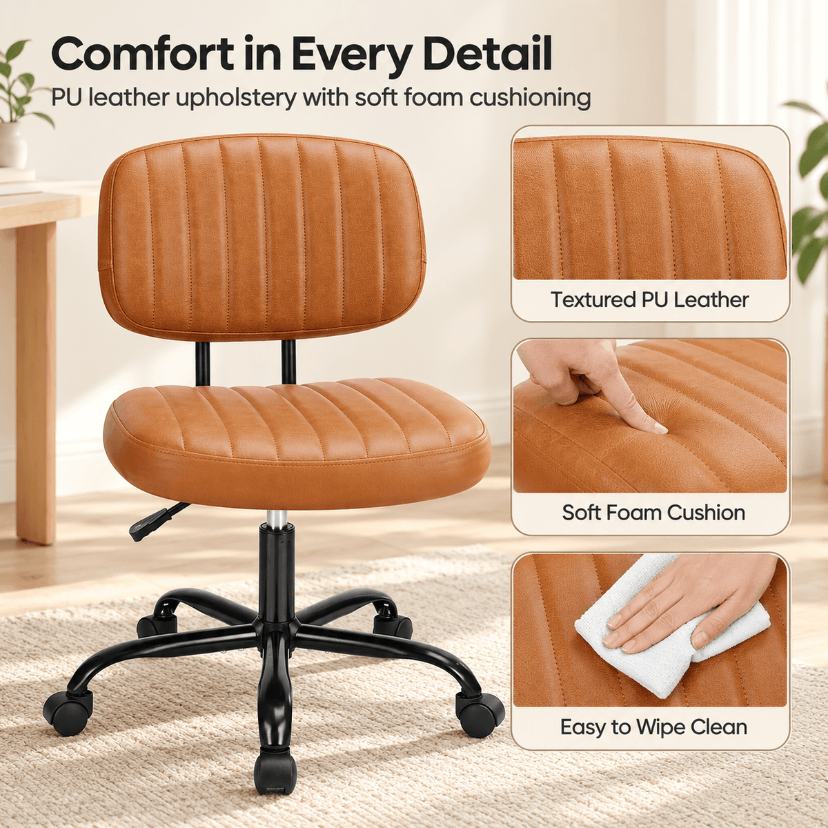 Armless PU Leather Home Office Desk Chair – Height Adjustable Rolling Chair