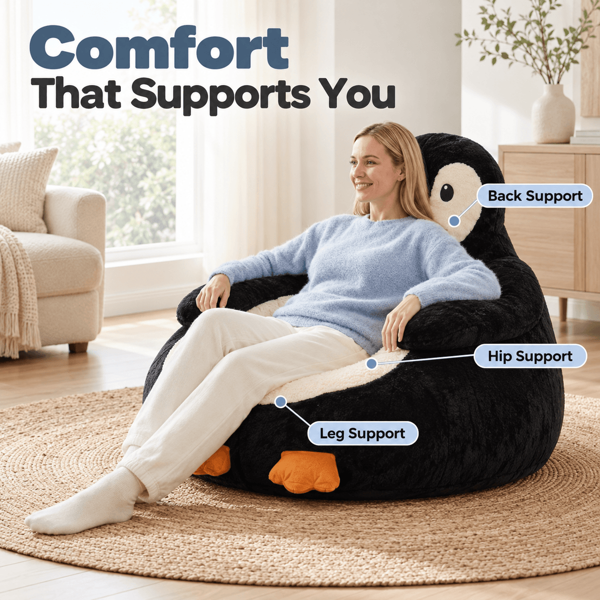 Animal Shaped Bean Bag Chair for Kids, Cute Kangaroo & Penguin Plush Mini Sofa with Washable Cover