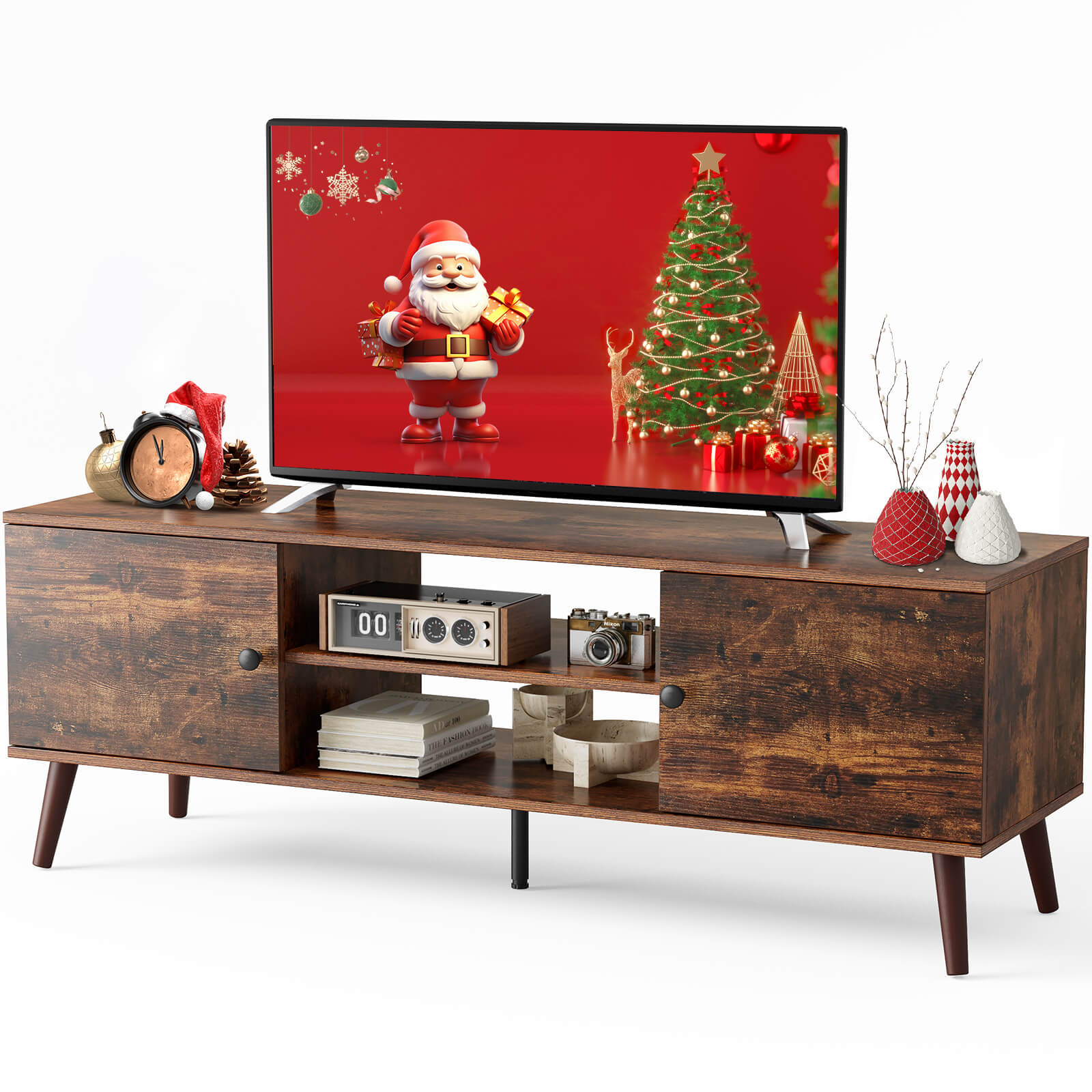 Walnut Wood 60" TV Stand Double Cabinet