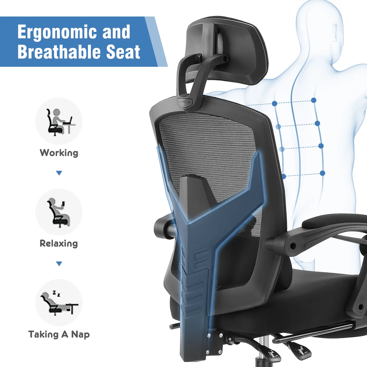 Ergonomic Mesh Office Chair with Retractable Footrest 