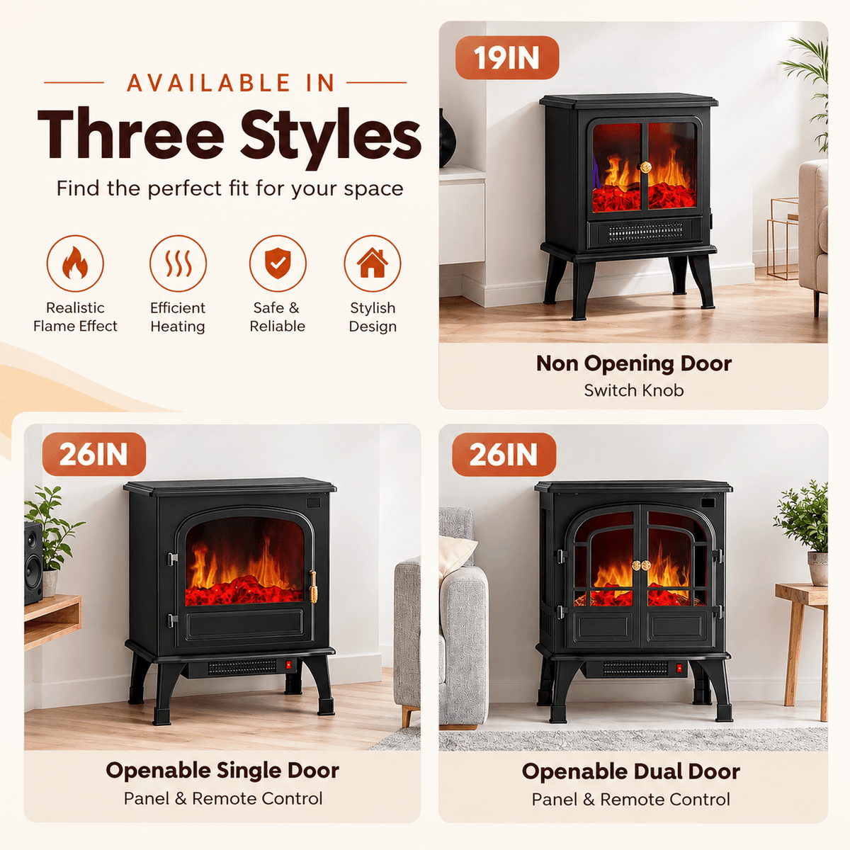 Electric Fireplace Heater with 3 Flame Effects & 2 Heating Modes