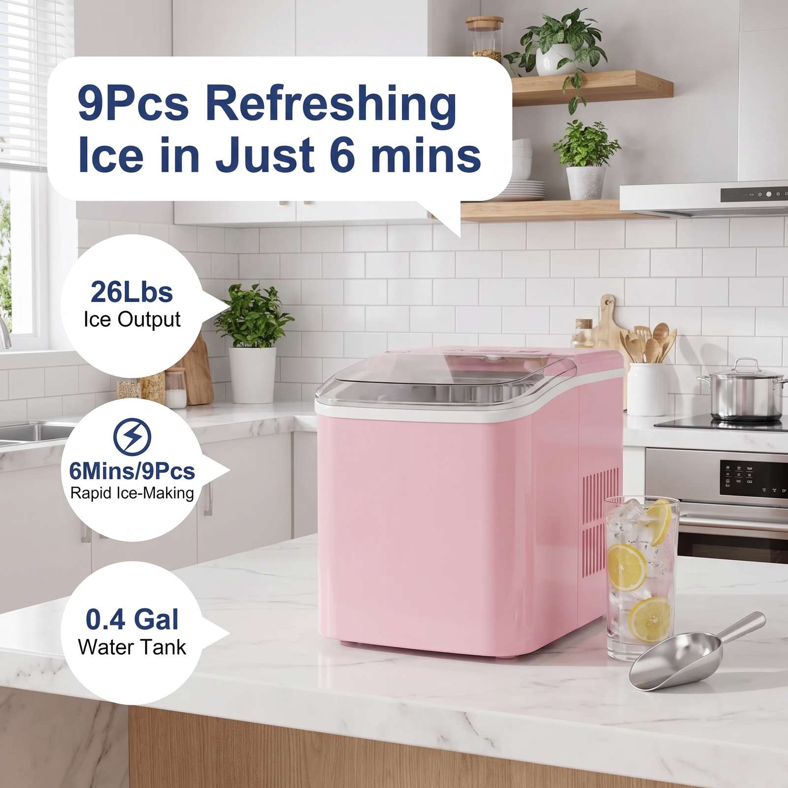 Portable Countertop Ice Maker – 9 Ice Cubes in 6–8 Min, Includes Basket & Scoop