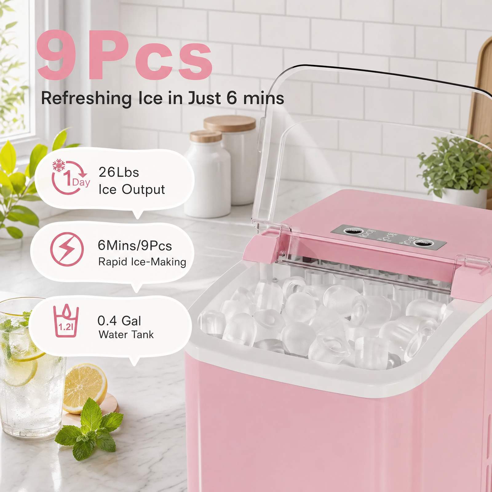 Portable Countertop Ice Maker – 9 Ice Cubes in 6–8 Min, Includes Basket & Scoop
