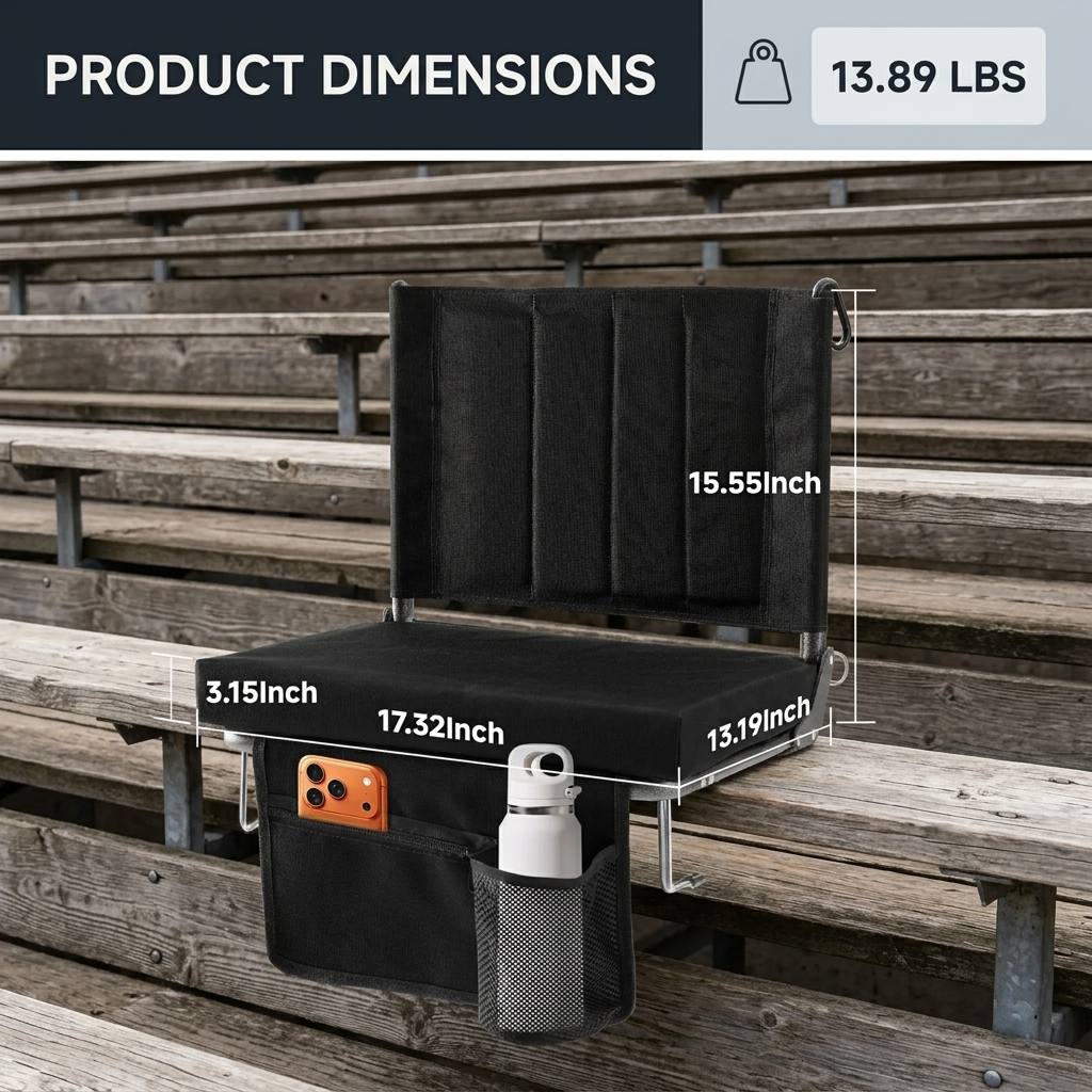 Stadium Seat with Back Support, Foldable Cushioned Portable Bleacher Chair for Sports Outdoor Events