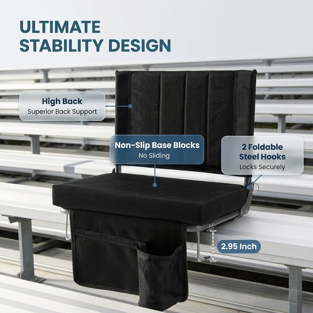 Stadium Seat with Back Support, Foldable Cushioned Portable Bleacher Chair for Sports Outdoor Events