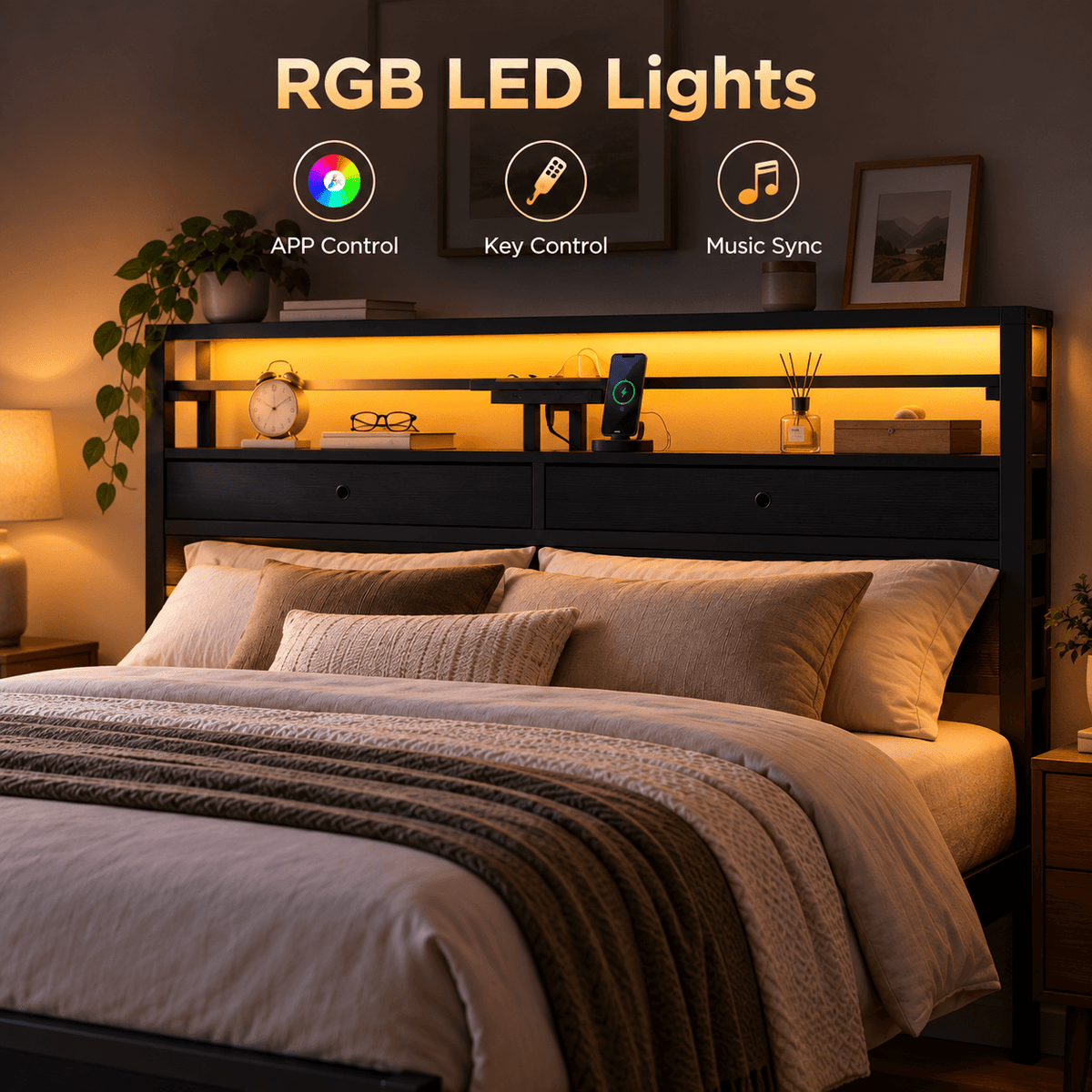 Platform Bed Frame with LED Lights, Charging Station & Storage Drawers – Twin, Full, Queen & King