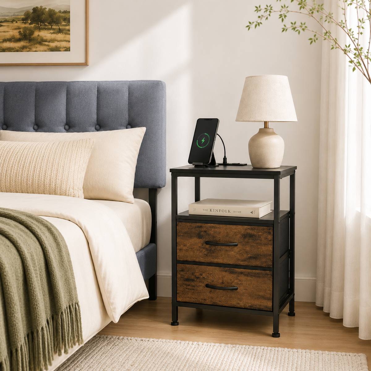 Nightstand with Charging Station & 2 Fabric Drawers – Small Bedside Table
