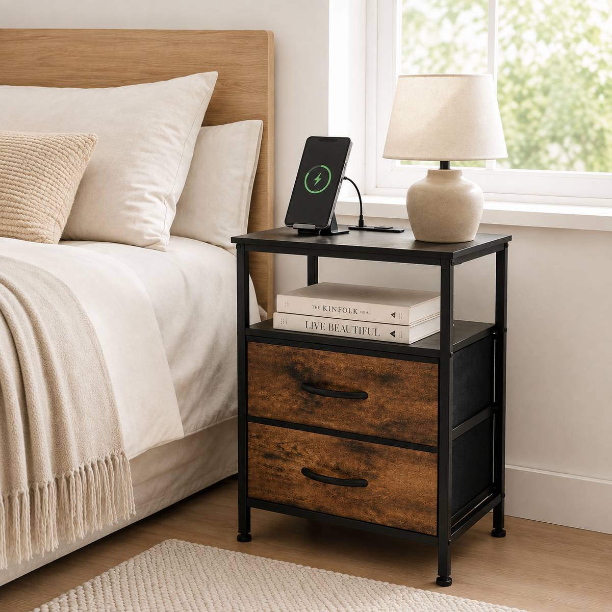 Nightstand with Charging Station & 2 Fabric Drawers – Small Bedside Table