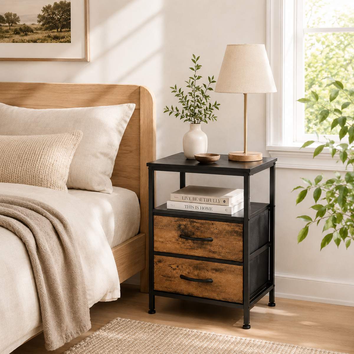 Nightstand with Charging Station & 2 Fabric Drawers – Small Bedside Table