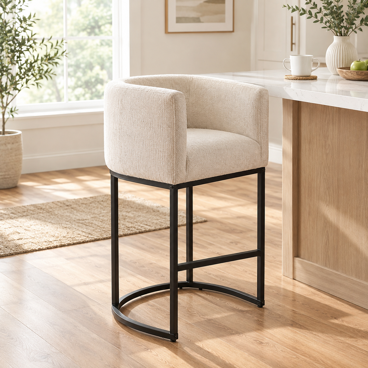 26 inch Upholstered Barrel-Back Bar Stools with Arms & Metal Sled Base