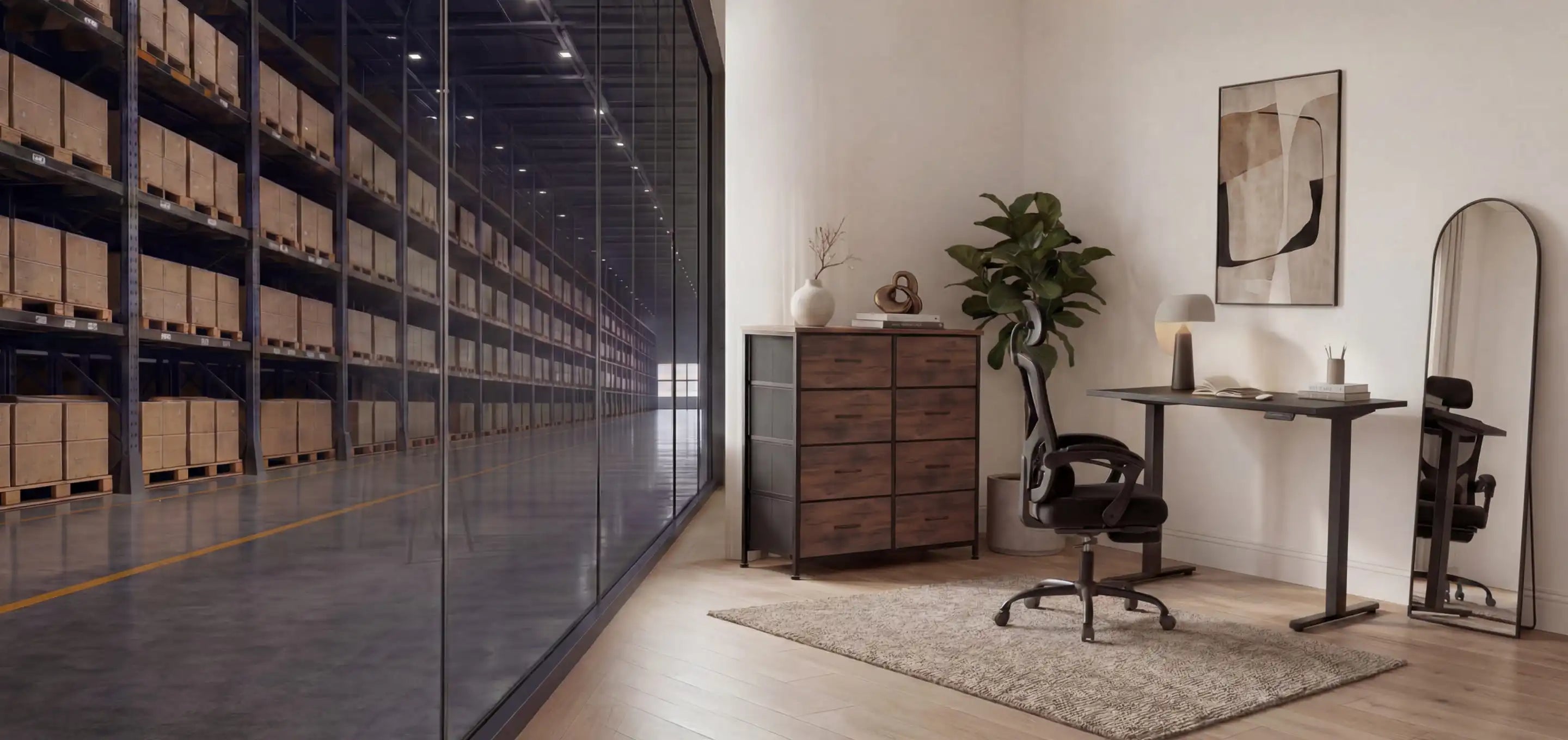 Modern office interior with a desk, chair, and shelves.