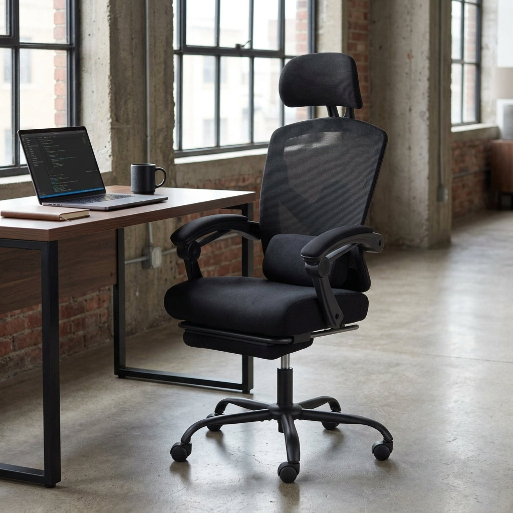 Ergonomic Mesh Office Chair with Retractable Footrest, Adjustable Headrest & 135° Recline