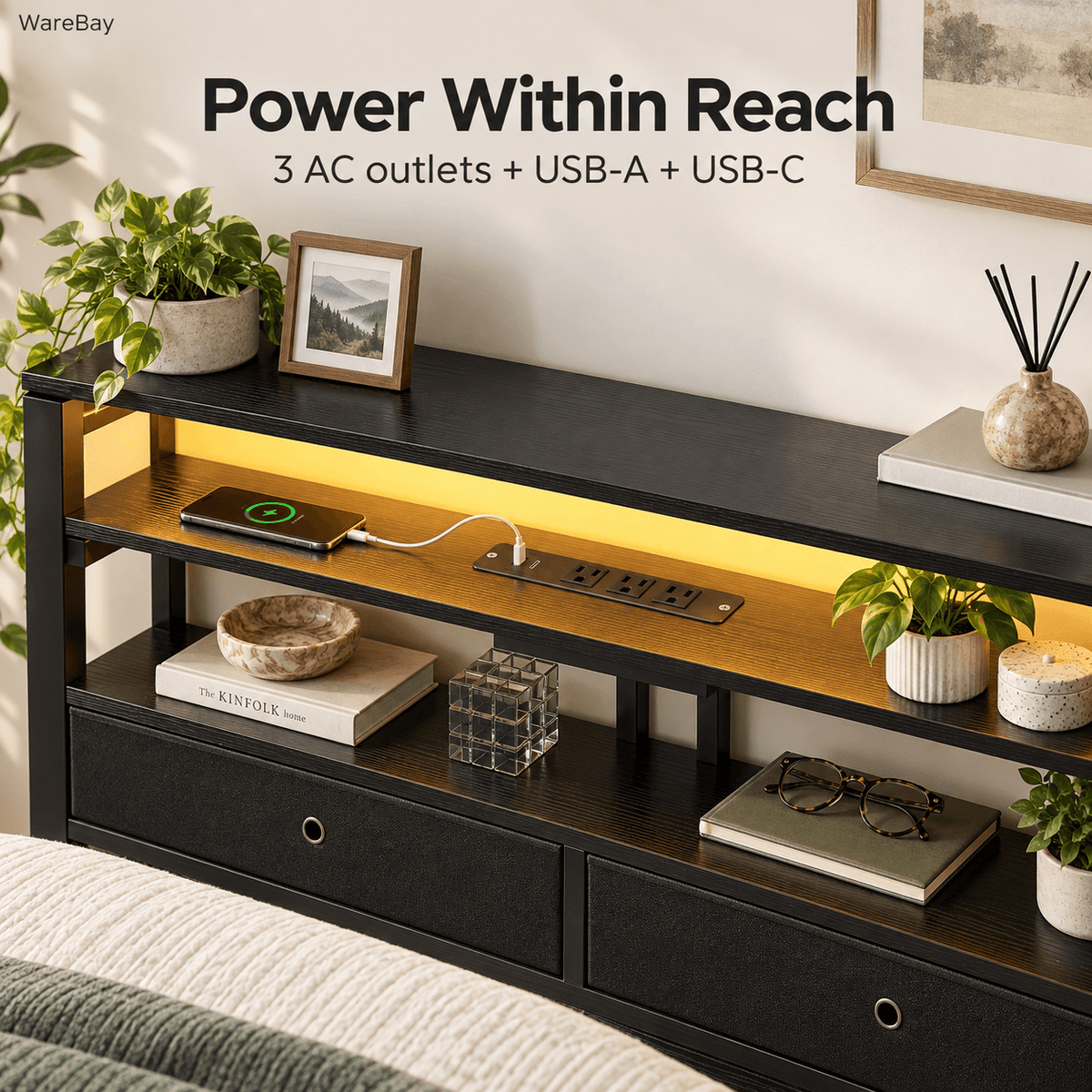 Platform Bed Frame with LED Lights, Charging Station & Storage Drawers – Twin, Full, Queen & King