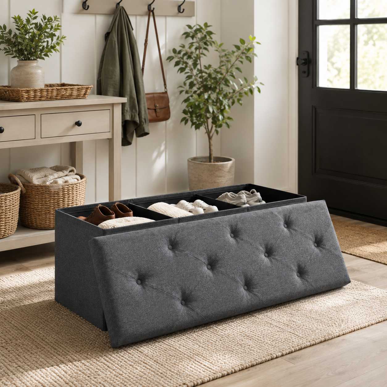 Foldable Storage Ottoman Bench – Linen Upholstered Footrest with Hidden Storage