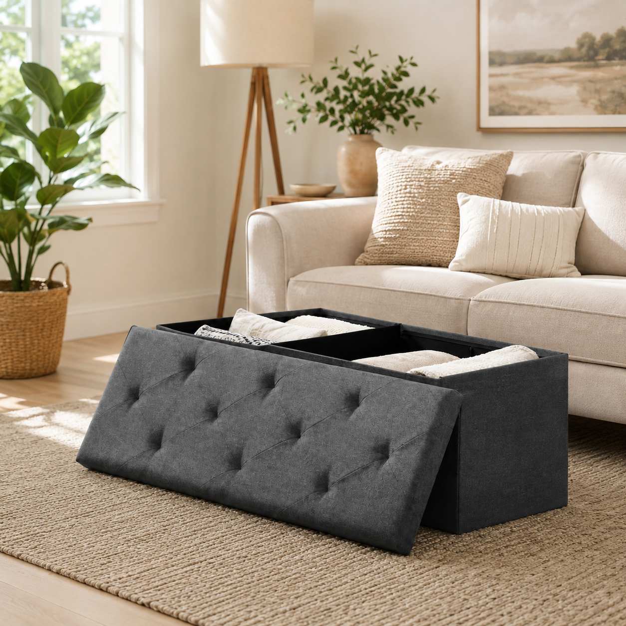 Foldable Storage Ottoman Bench – Linen Upholstered Footrest with Hidden Storage