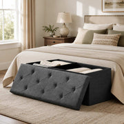 Foldable Storage Ottoman Bench – Linen Upholstered Footrest with Hidden Storage