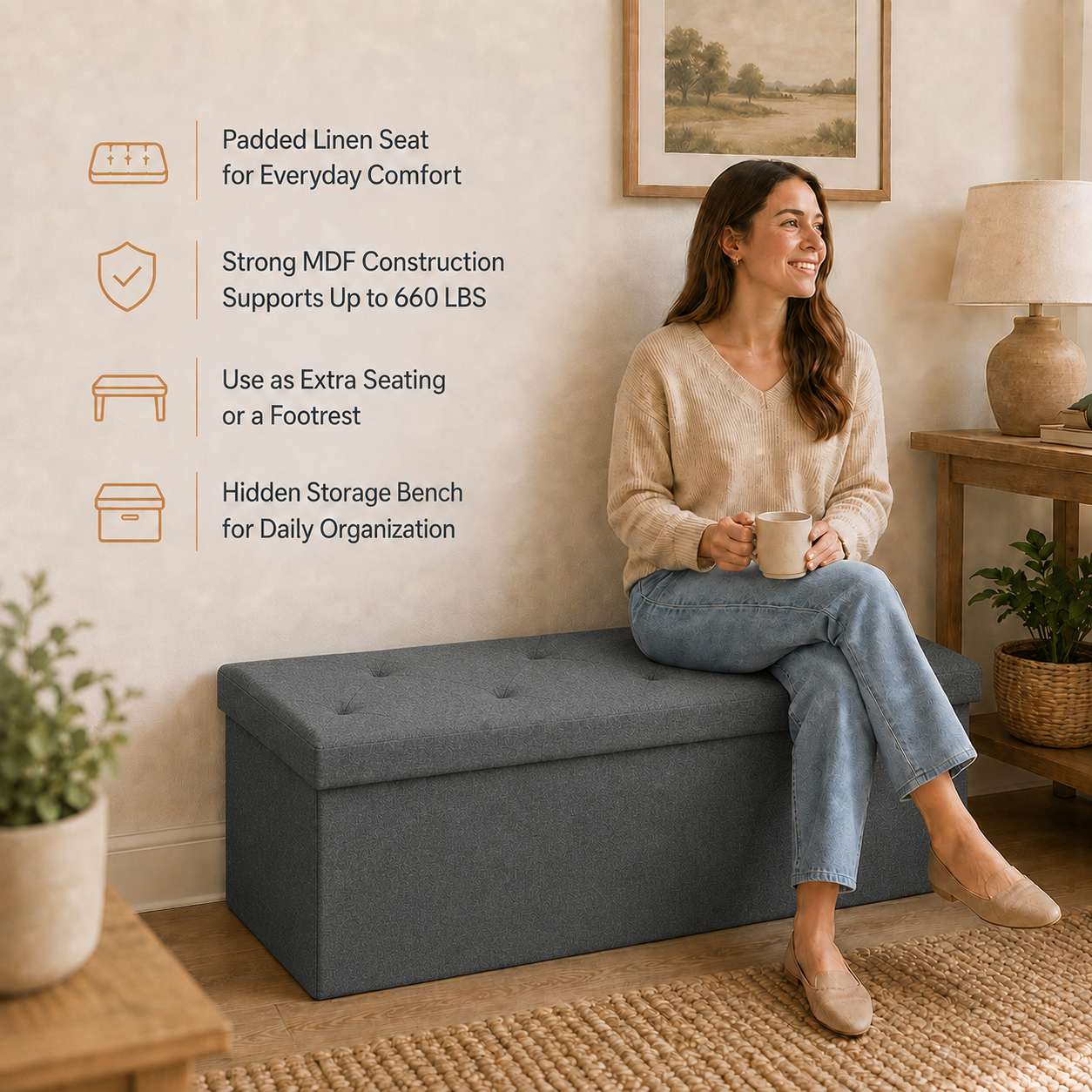 Foldable Storage Ottoman Bench – Linen Upholstered Footrest with Hidden Storage
