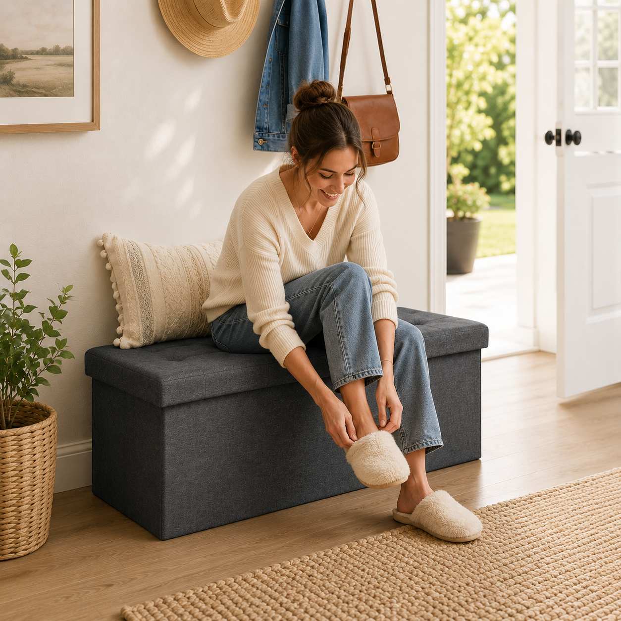 Foldable Storage Ottoman Bench – Linen Upholstered Footrest with Hidden Storage