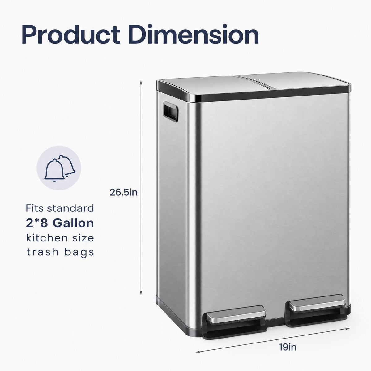 16-Gallon Stainless Steel Pedal Trash Can – Hands-Free Lid, Slim Design for Kitchen & Office