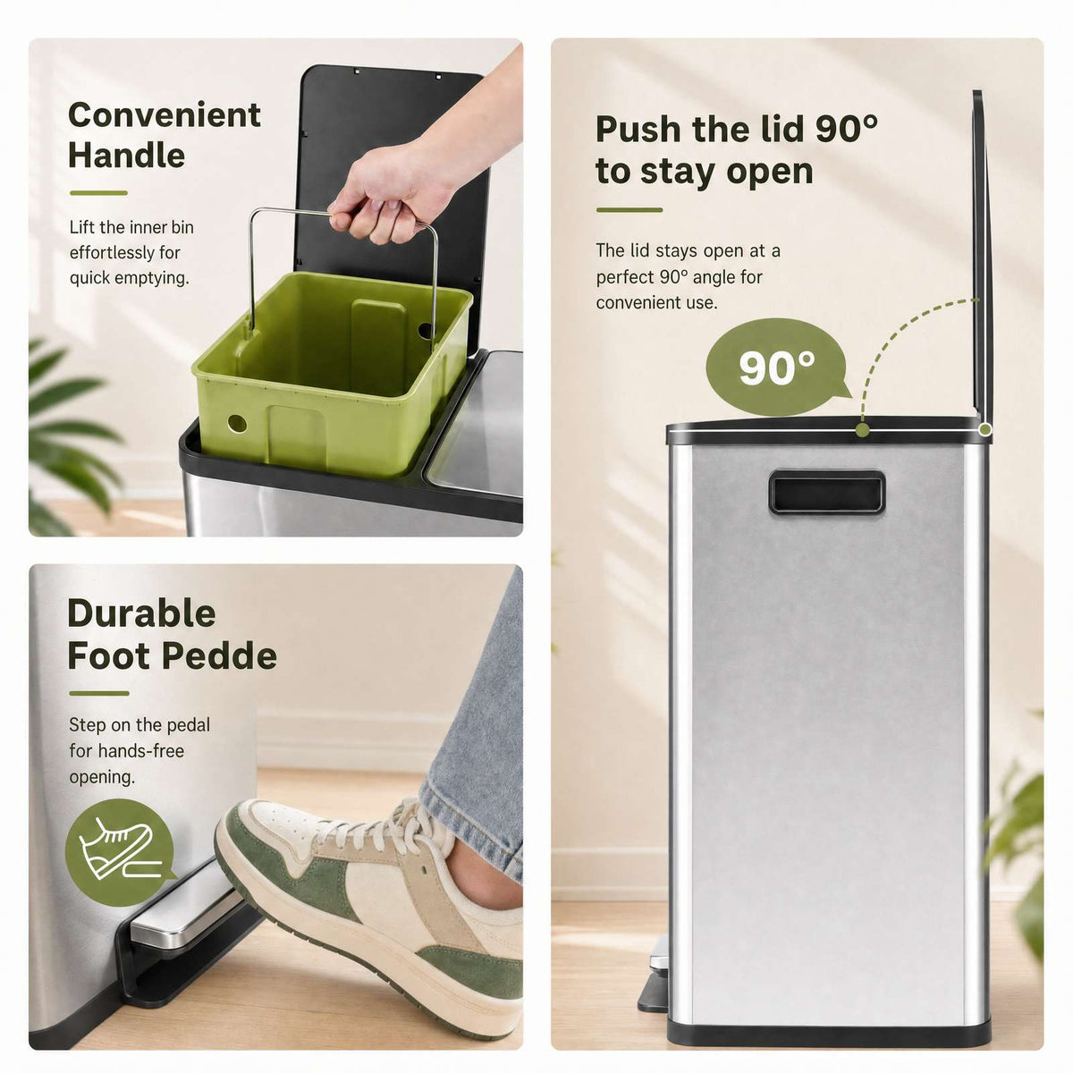 16-Gallon Stainless Steel Pedal Trash Can – Hands-Free Lid, Slim Design for Kitchen & Office