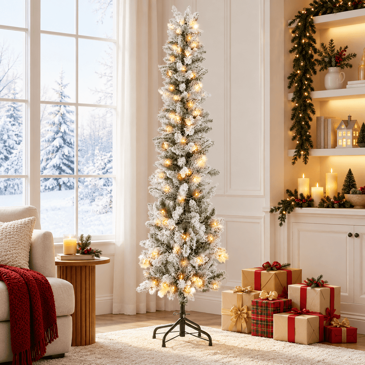 Pre-Lit Fraser Fir Pencil Artificial Christmas Tree with Warm Lights for Holiday Decor