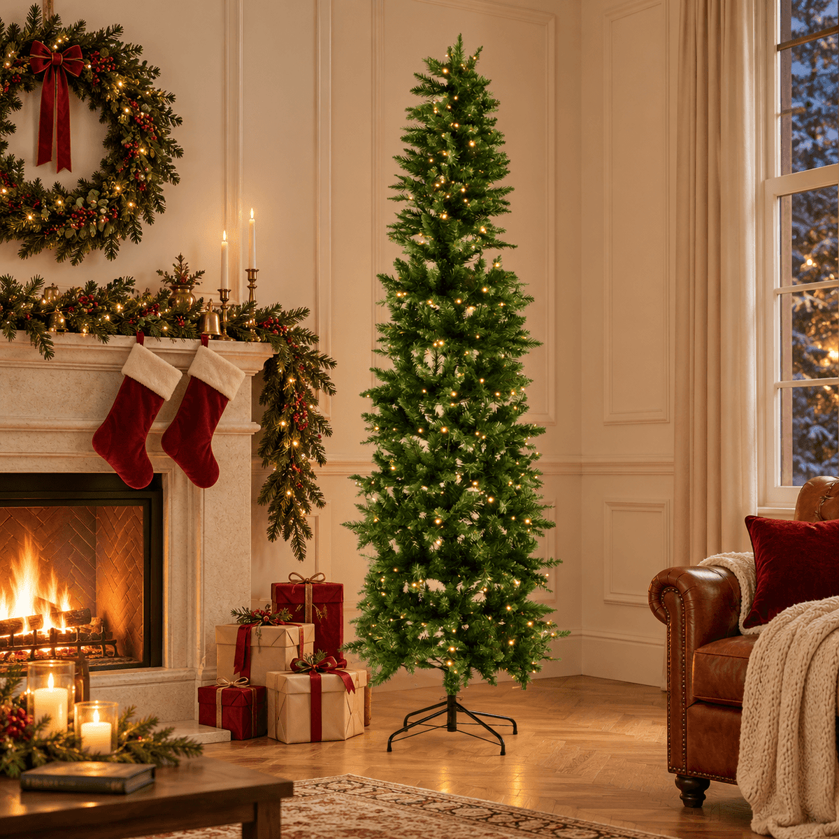 Pre-Lit Fraser Fir Pencil Artificial Christmas Tree with Warm Lights for Holiday Decor