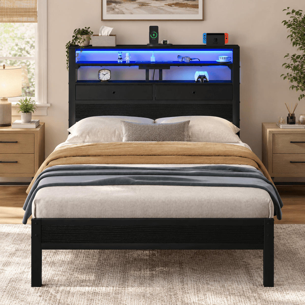 Platform Bed Frame with LED Lights, Charging Station & Storage Drawers – Twin, Full, Queen & King